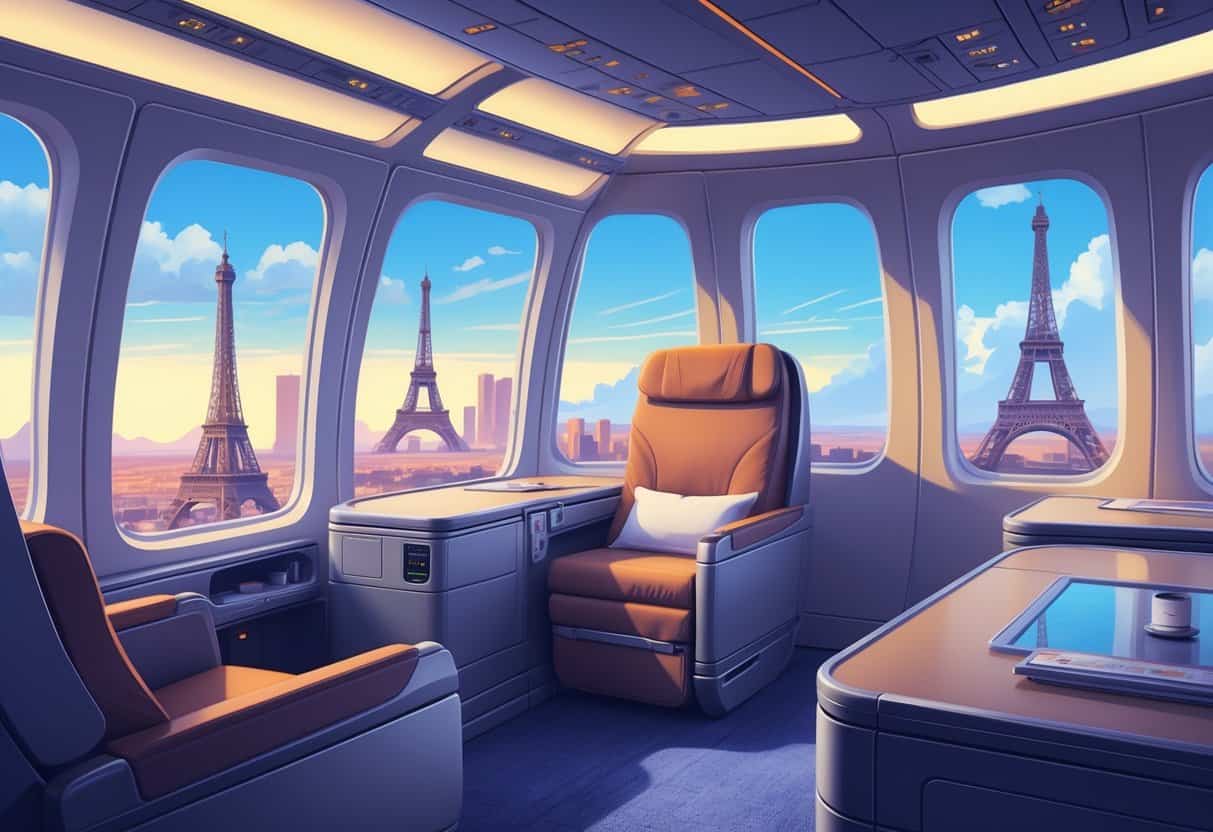 Interior of a luxurious business class airplane cabin flying above a desert landscape transitioning to famous European landmarks under a clear sky.