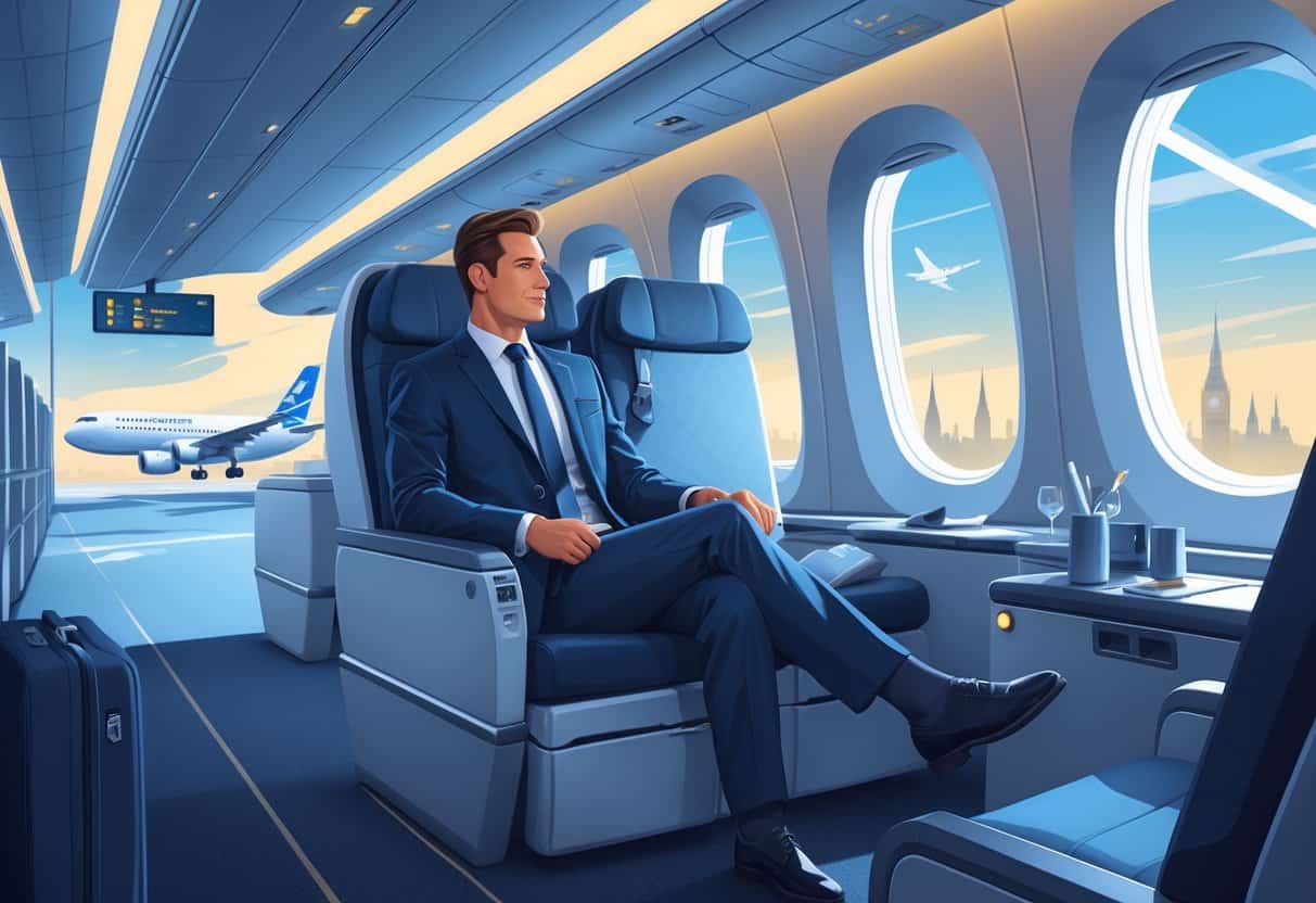 A business traveler seated comfortably in a luxurious airplane cabin with a view of an airplane taking off and a flight path map from Manchester, New Hampshire to Europe in the background.
