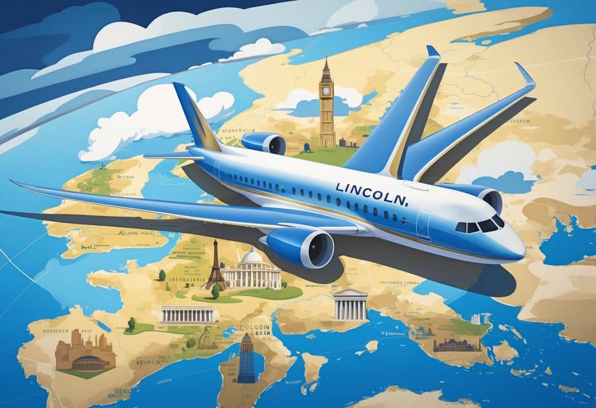 An airplane flying above a map showing Lincoln, Nebraska and famous European landmarks representing business class flights from Lincoln to Europe.