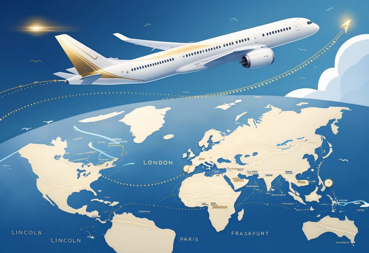 An airplane flying over a map showing a flight route from Lincoln, Nebraska to Europe with business class passengers seated comfortably inside the plane.