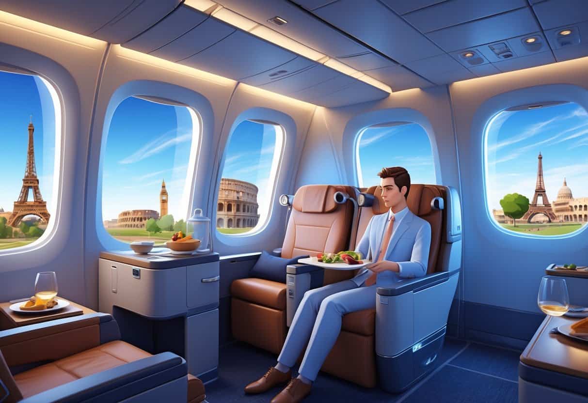 Interior of a business class airplane cabin with passengers and a view of European landmarks through the windows.
