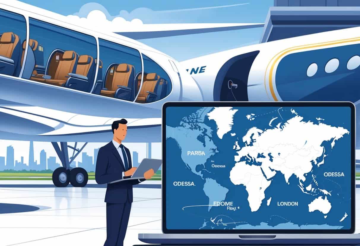 A business traveler booking flights on a tablet in an airport terminal with a plane and a map showing a route from Odessa, Texas to European cities in the background.