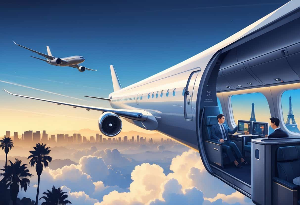 An airplane flying above clouds between Los Angeles cityscape and European landmarks, showing a luxurious business class cabin interior.