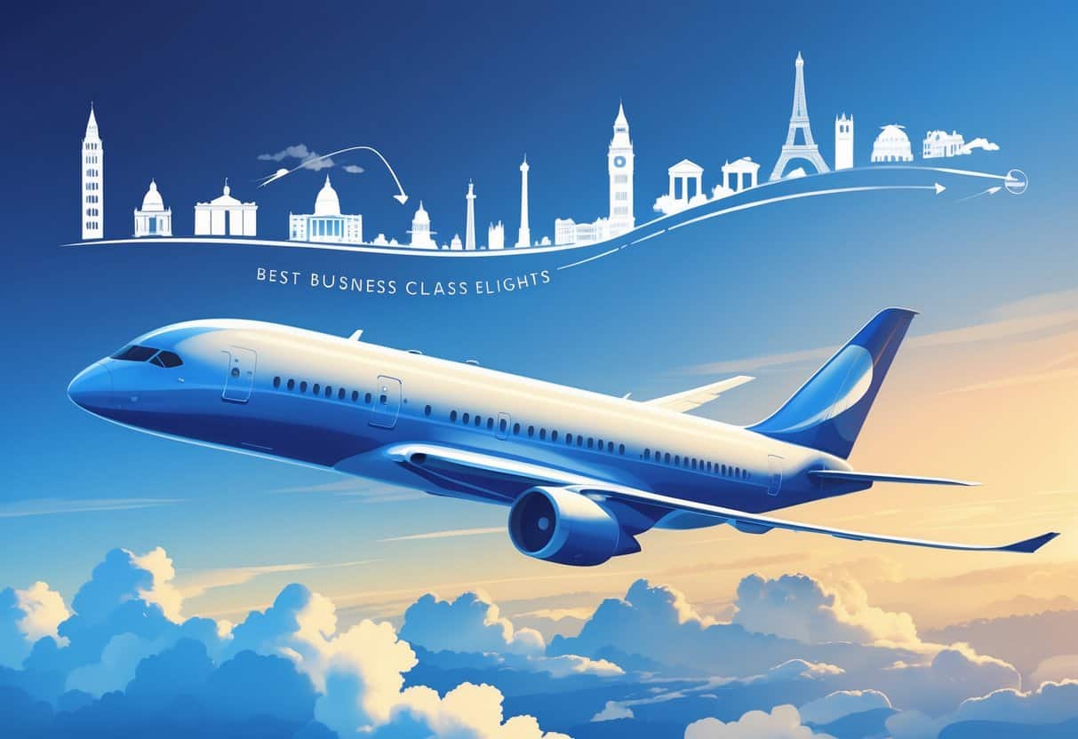 An airplane flying from Memphis towards Europe with a flight path connecting the Memphis skyline to European landmarks like the Eiffel Tower, Big Ben, and the Colosseum.