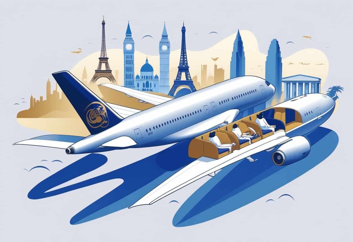 An airplane flying between Los Angeles and Europe with business class seats visible and famous European landmarks in the background.