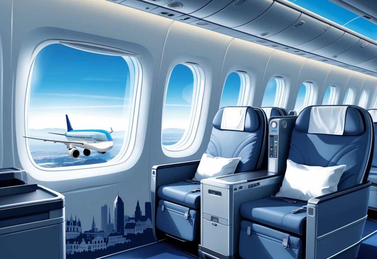 An airplane cabin with spacious business class seats and a view of the sky and Europe outside the window, with an airplane taking off from a city landscape.