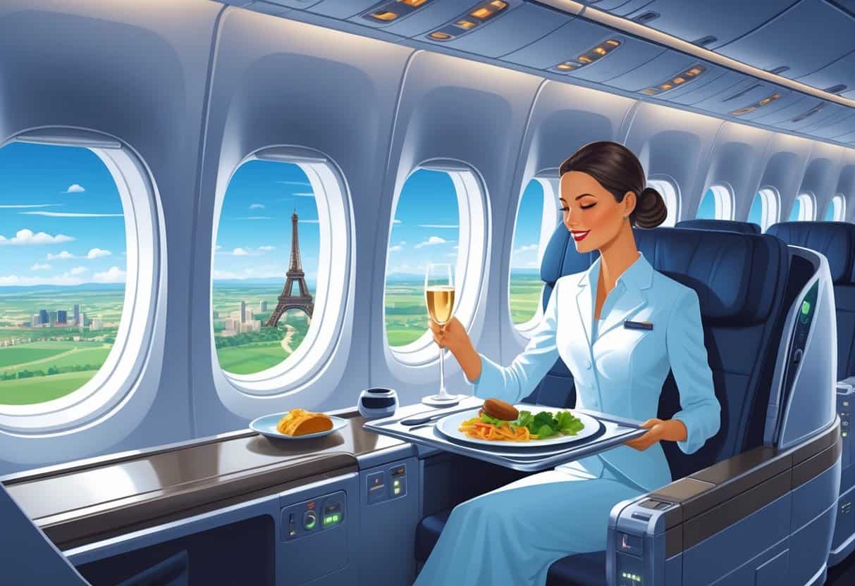Interior of a business class airplane cabin with spacious seats, a flight attendant serving a meal, and views of European landmarks through the windows while flying above a plains landscape.