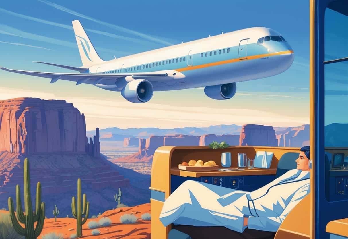 An airplane flying over the Arizona desert with European landmarks visible in the distance, showing a glimpse of a luxurious business class cabin.