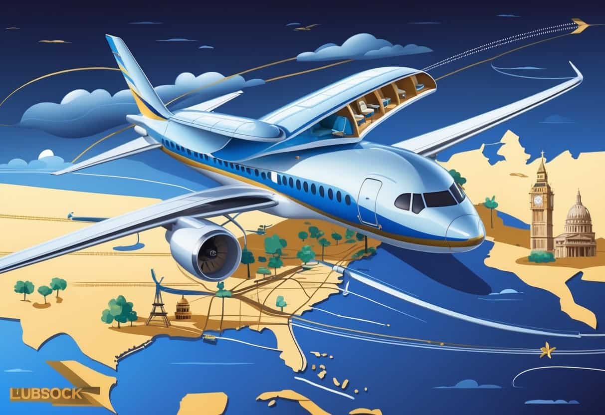 An airplane flying over a map connecting Lubbock, Texas to major European cities, with visible business class seats and landmarks from both regions.