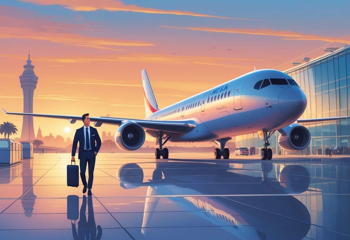 A business traveler walking toward a large airplane at an airport during sunset, with faint European landmarks visible in the distance.