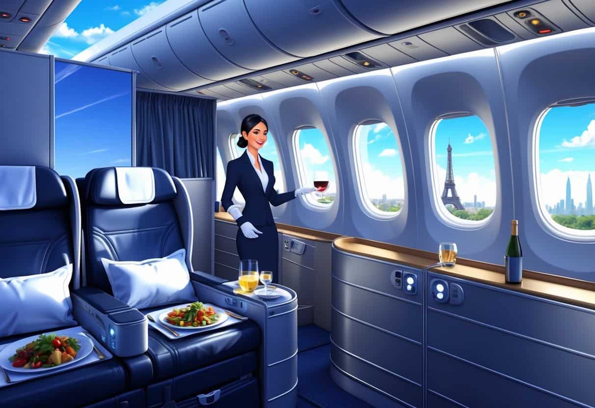 Interior of a luxurious airplane business class cabin with comfortable seats, a flight attendant serving, and views of European landmarks and palm trees outside the windows.