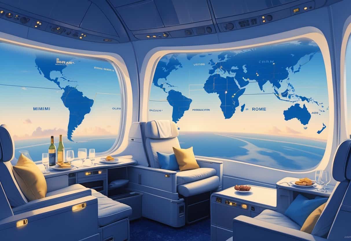 An airplane business class cabin with spacious seats and passengers enjoying amenities, flying over a map showing a route from Miami to Europe with famous landmarks visible.