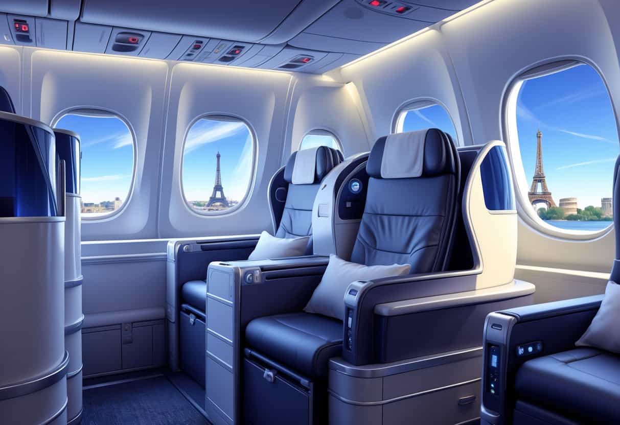 Interior of a luxurious business class airplane cabin with spacious seats and a view of European landmarks outside the window.