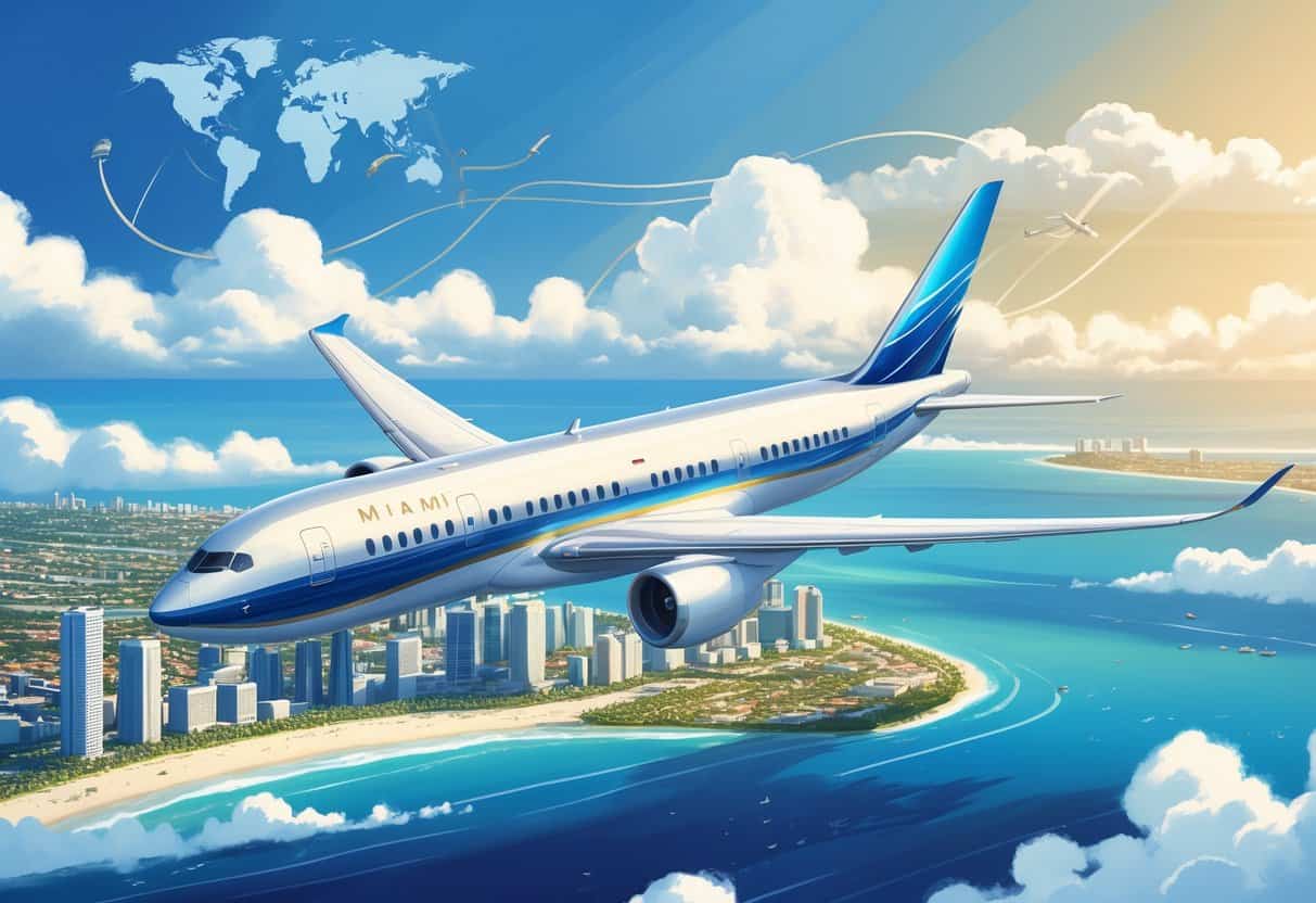 An airplane flying above Miami's coastline toward a distant map outline of Europe under a clear sky.