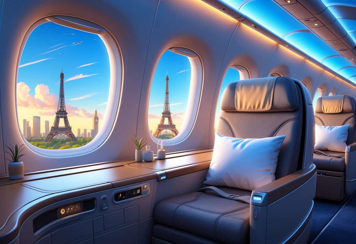 Interior of a luxurious business class airplane cabin with a view outside showing European landmarks and a hint of Madison city skyline.