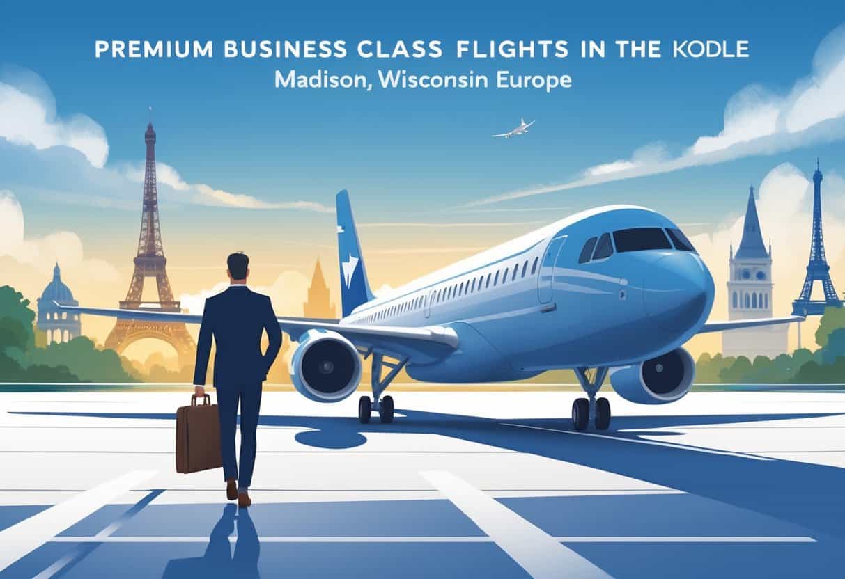 A business traveler walking toward a luxury airplane on a runway with European landmarks visible in the background.