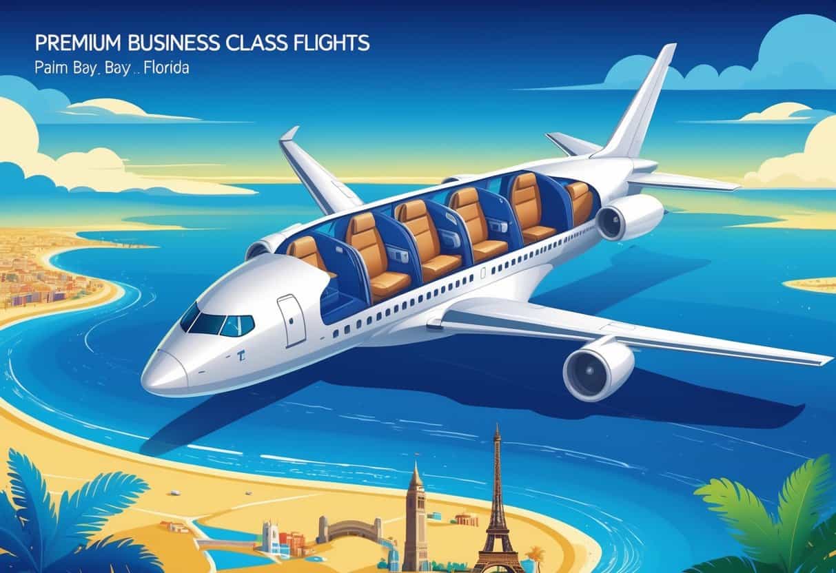 An airplane flying over a map showing Palm Bay, Florida and major European cities with palm trees and famous European landmarks in the background.