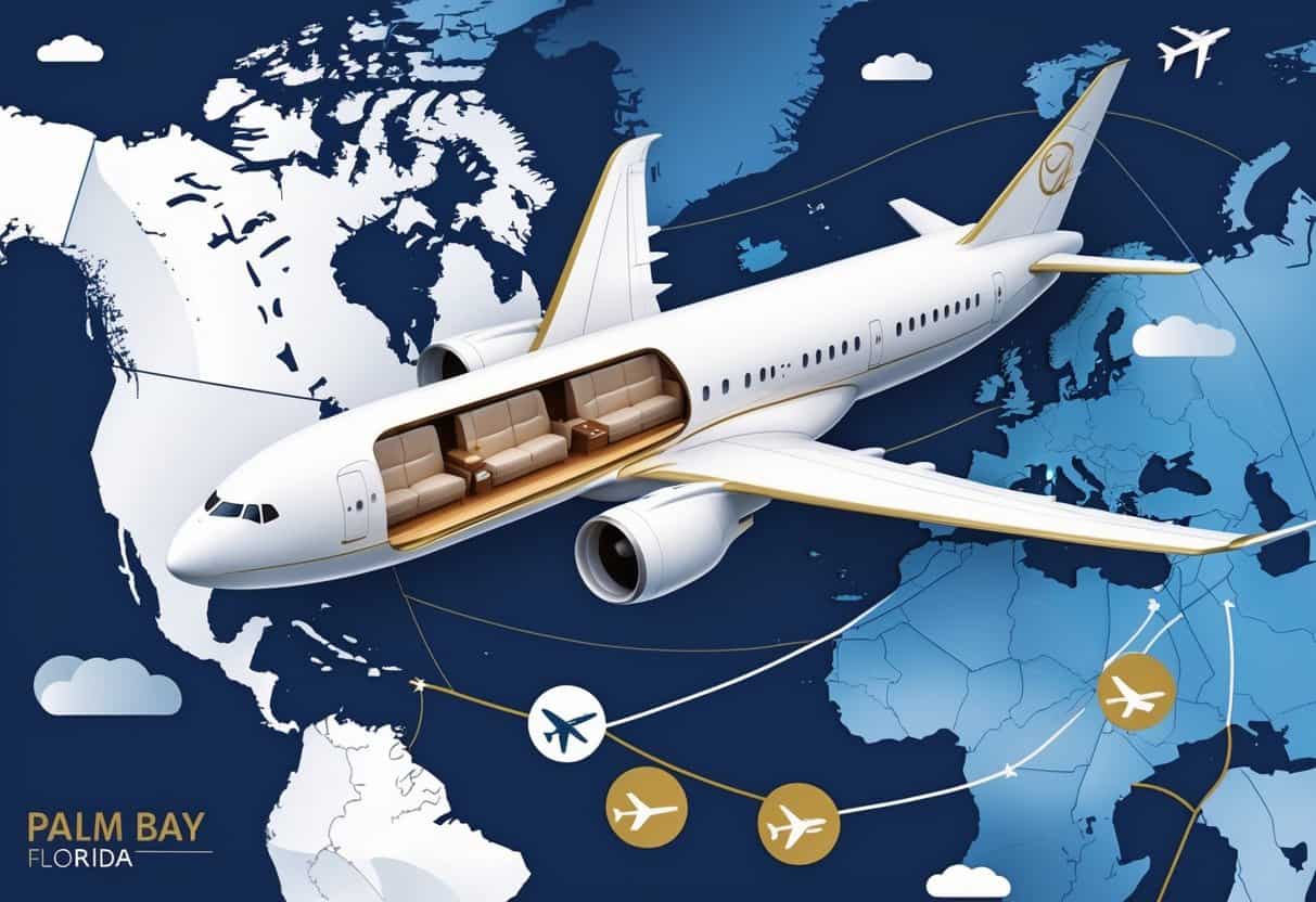 An airplane flying over a map showing a route from Palm Bay, Florida to major cities in Europe with icons representing business class travel and top airlines.