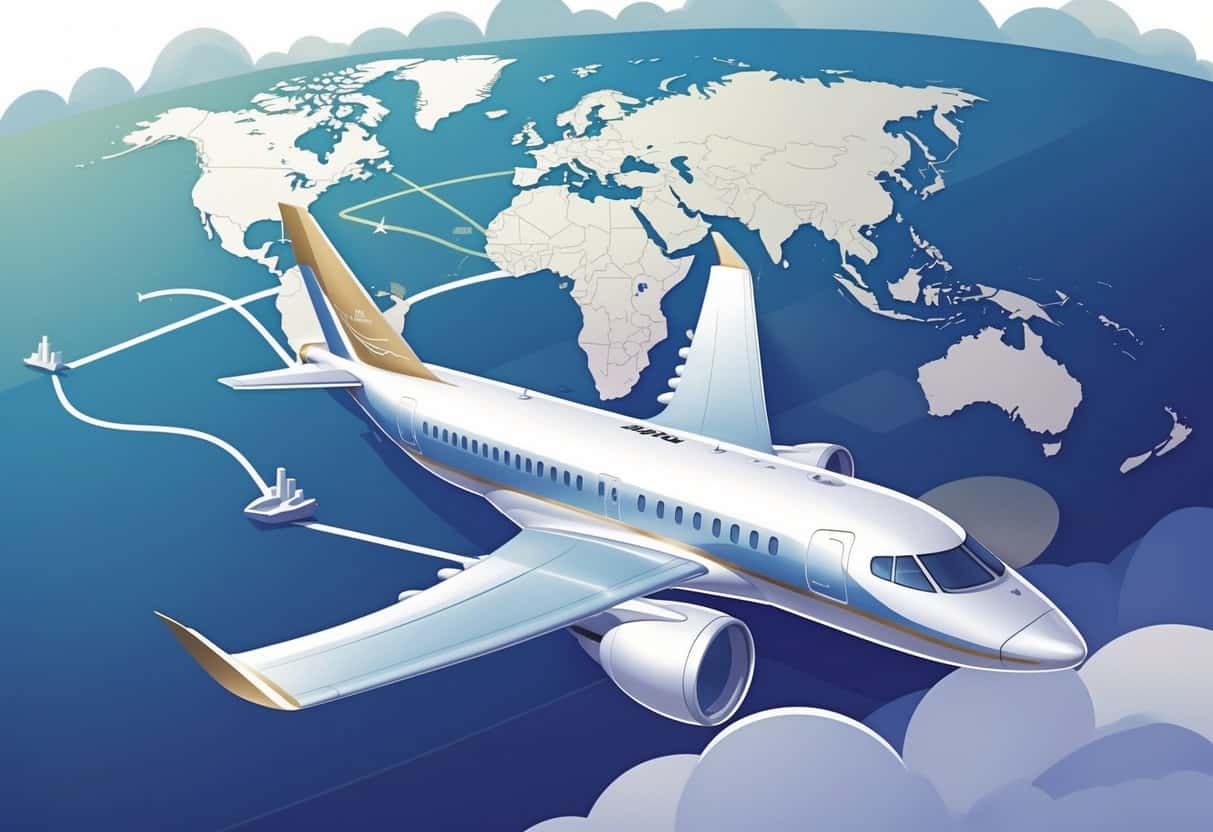 An airplane flying from Minneapolis to Europe with a flight path connecting landmarks in both locations and a view of the business class cabin inside the plane.