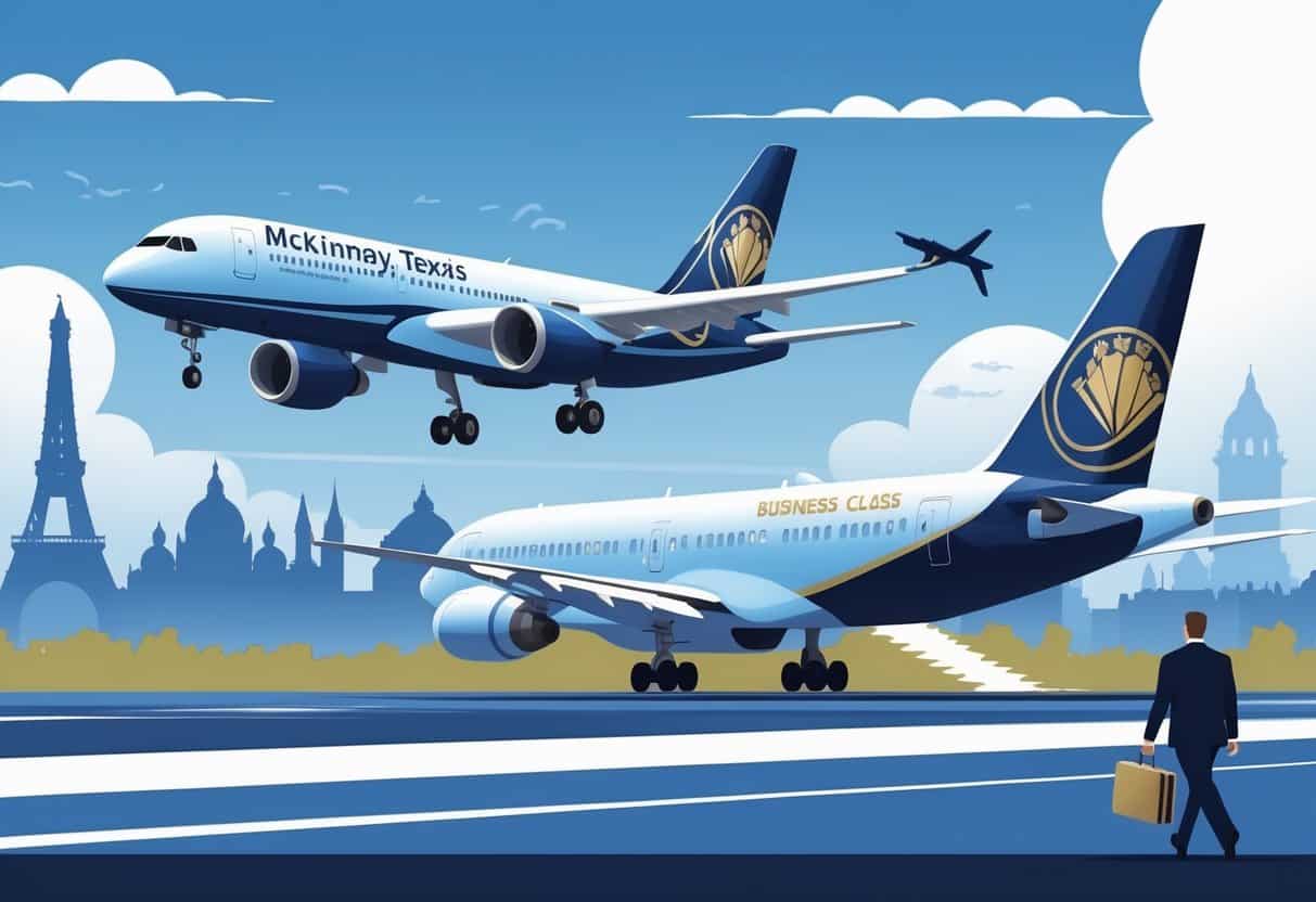 An airplane taking off from an airport with European landmarks like the Eiffel Tower and Big Ben in the background, symbolizing business class flights from McKinney, Texas to Europe.