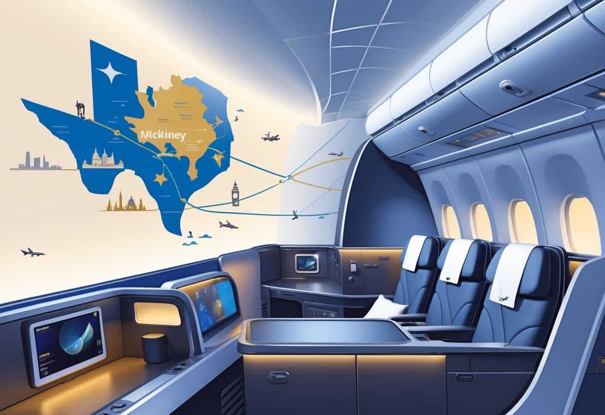 A business class airplane cabin with luxurious seats and a map showing a flight route from McKinney, Texas to Europe with iconic landmarks.