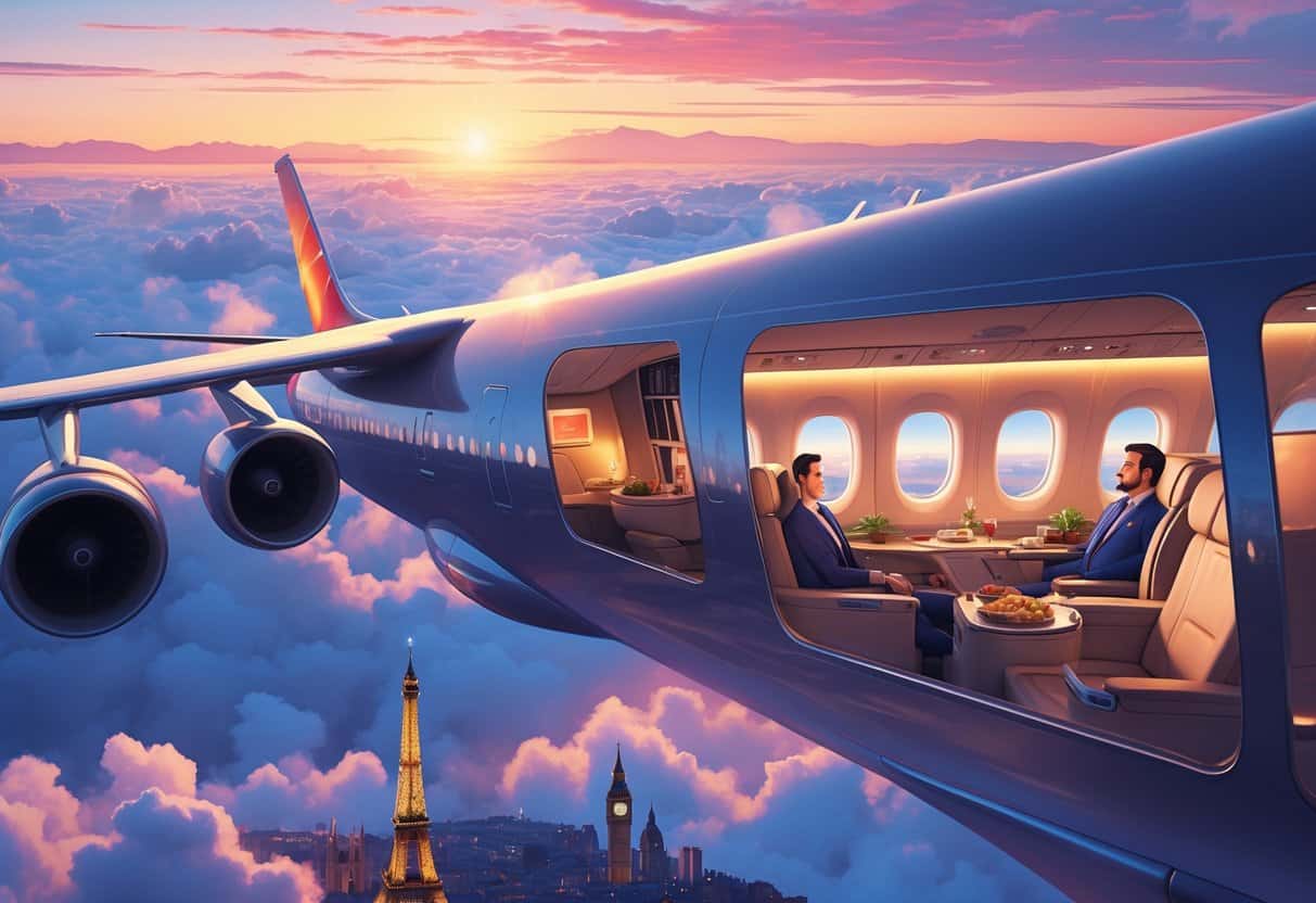 An airplane flying above clouds at sunset with a city below and European landmarks on the horizon, showing a luxurious business class cabin inside.