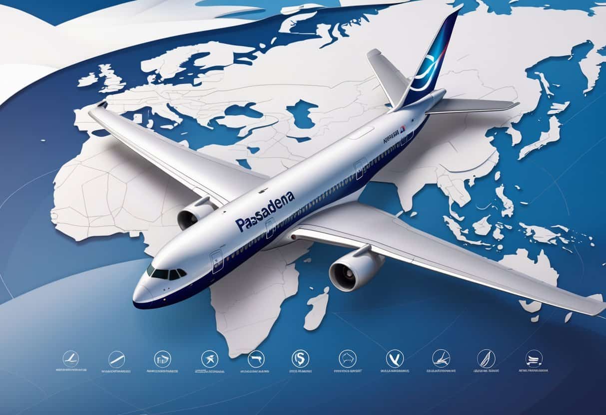 An airplane flying over a map showing Pasadena, California and major European cities with airline logos around, representing top business class flight routes.