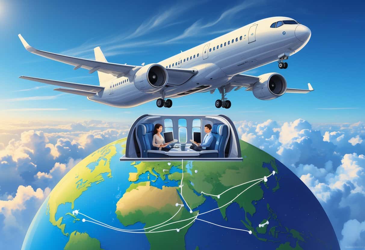 An airplane flying above clouds with a visible globe below showing flight paths from Modesto, California to major cities in Europe.