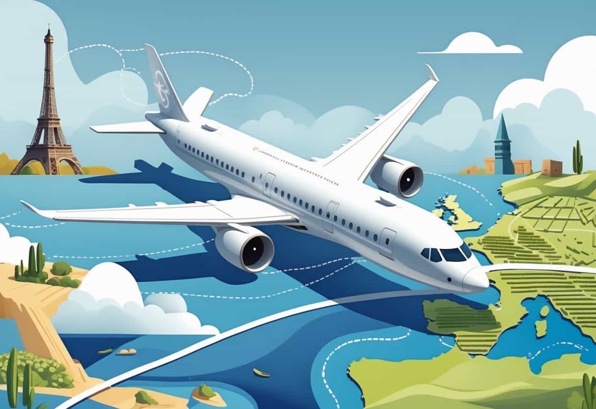 An airplane flying over a map from Modesto, California to Europe with landmarks representing both locations.