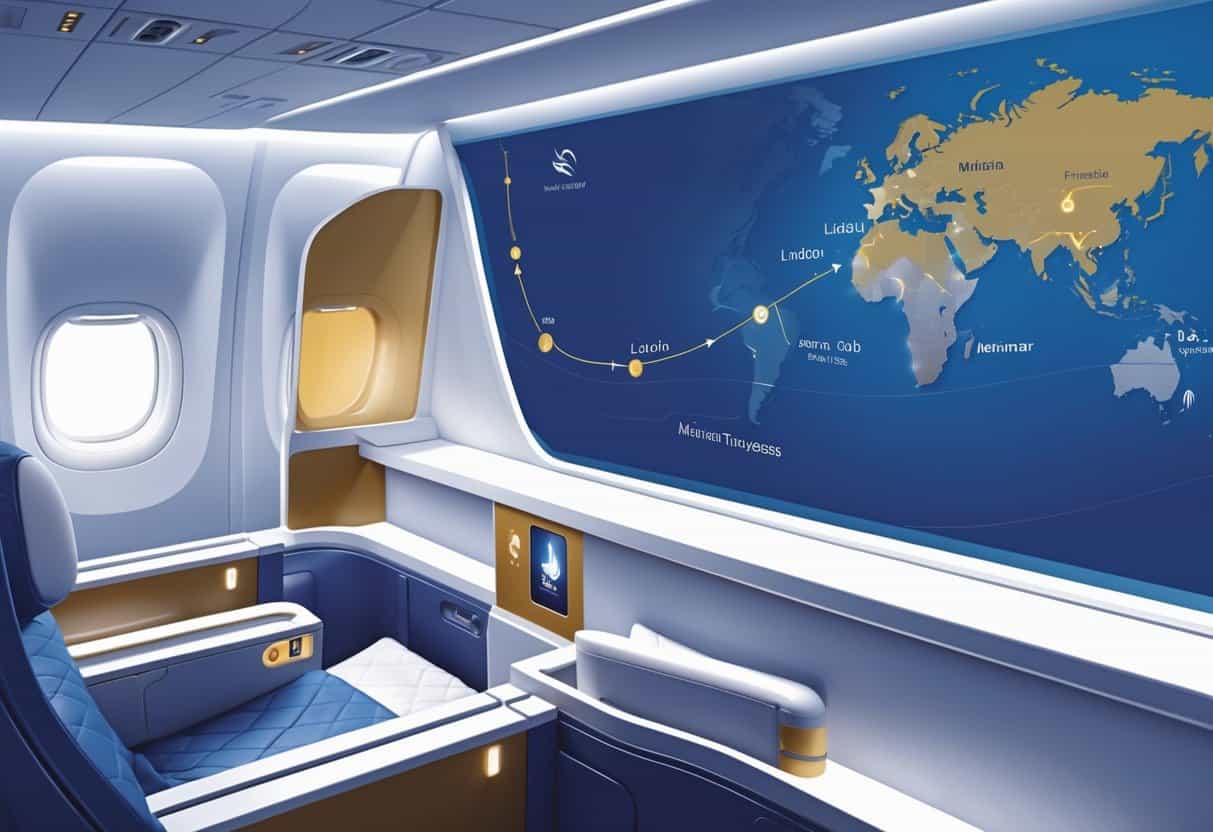 A luxurious business class airplane cabin with spacious seats and a map showing flight routes from Meridian, Idaho to Europe in the background.