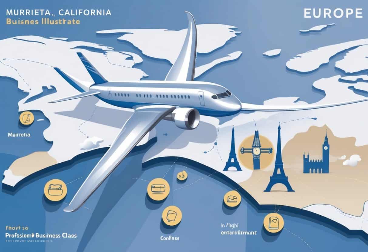 An airplane flying over a map showing a route from Murrieta, California to major cities in Europe with icons representing business class amenities and faint outlines of European landmarks in the background.