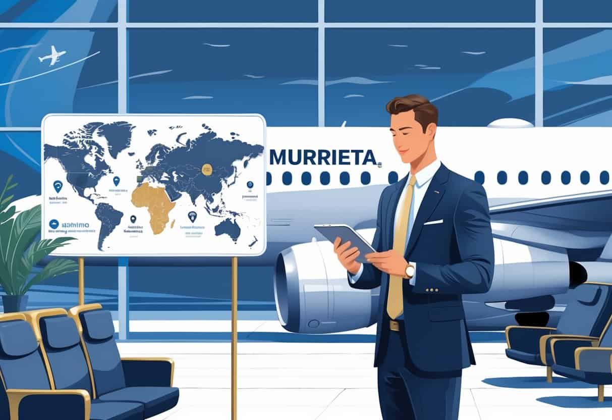A business traveler at an airport preparing for a flight from Murrieta, California to Europe, with a plane and a route map in the background.