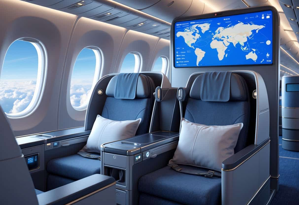 Interior of a business class airplane cabin with spacious seats and a flight map showing a route from Miami Gardens to Europe.