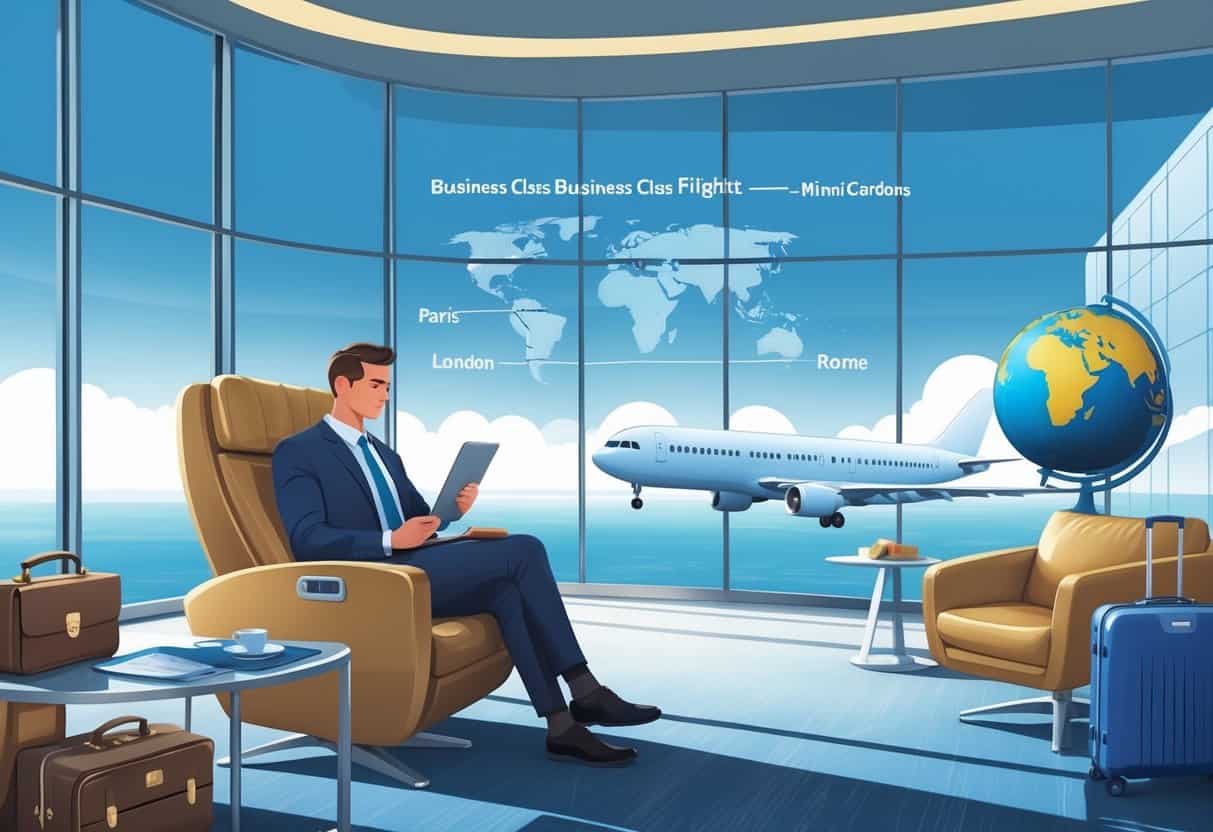A business traveler seated in a luxurious airport lounge chair looking at flight options on a tablet, with an airplane taking off outside large windows and a flight path map from Miami Gardens to Europe in the background.