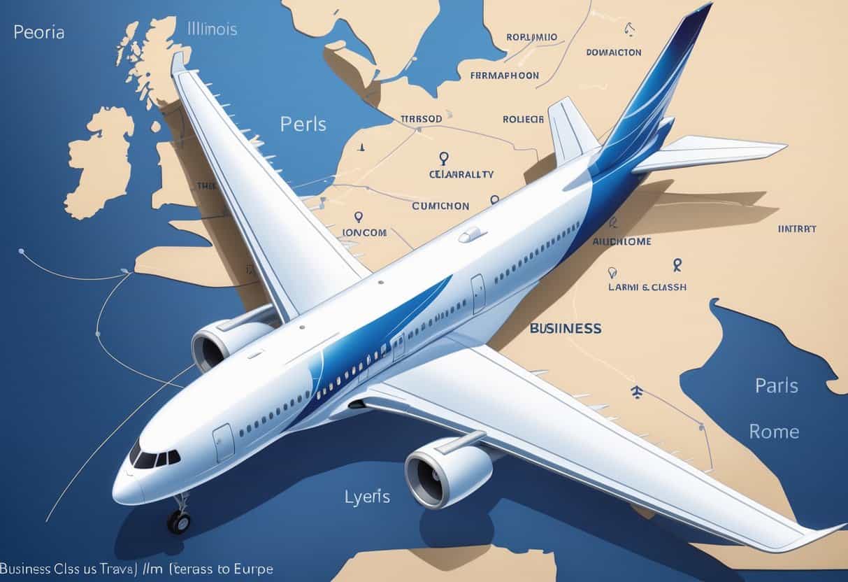 An airplane flying over a map showing Peoria, Illinois and major European cities, symbolizing business class flights between these locations.