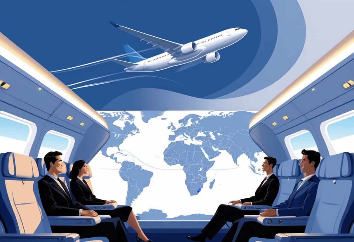 An airplane flying over a map showing a flight route from Nashville, Tennessee to Europe with business travelers seated comfortably in luxurious airplane seats.