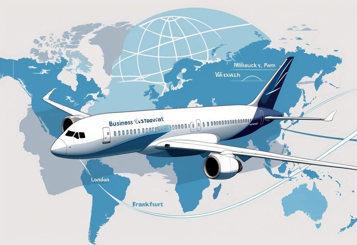 An airplane flying over a map showing a route from Milwaukee to major European cities with a clear sky background.