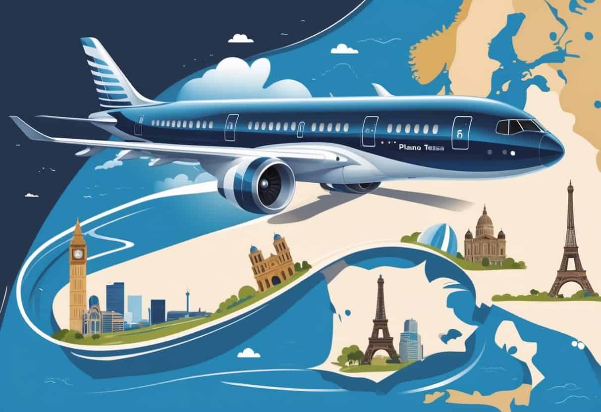 An airplane flying above a map connecting Plano, Texas to major cities in Europe with landmarks from both regions visible.
