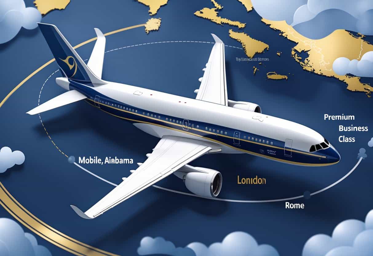 An airplane flying over a map connecting Mobile, Alabama to major cities in Europe, with a view of a comfortable business class airplane cabin.