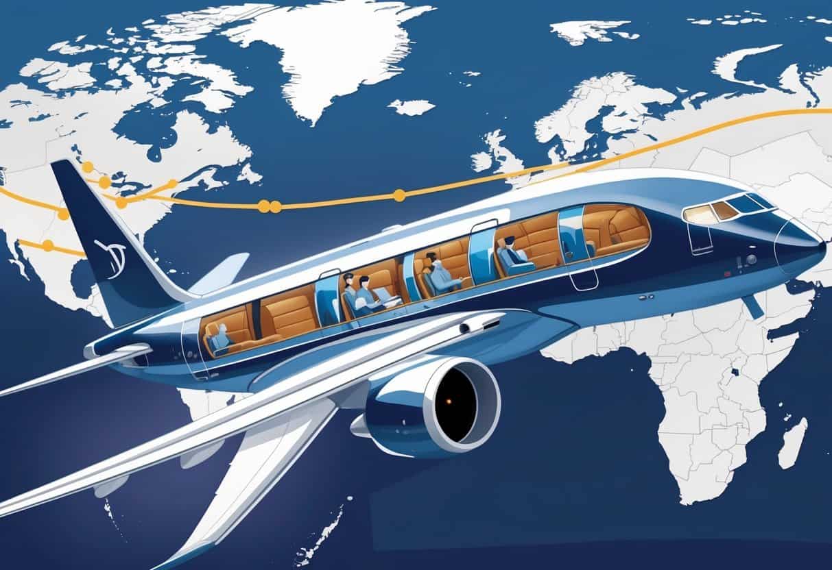 An airplane flying over a map showing a flight route from New Haven, Connecticut to several cities in Europe.