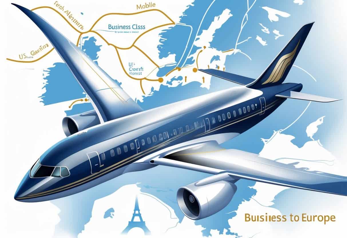 An airplane flying from Mobile, Alabama to Europe with visible business class seats and European landmarks in the background.