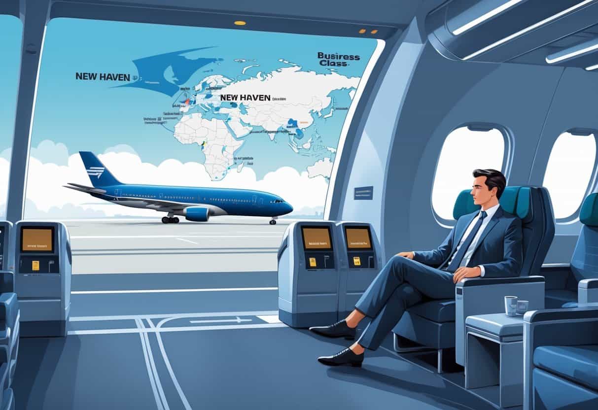 A business traveler seated comfortably in a luxurious airplane cabin with a map showing flight routes from New Haven to several European cities.