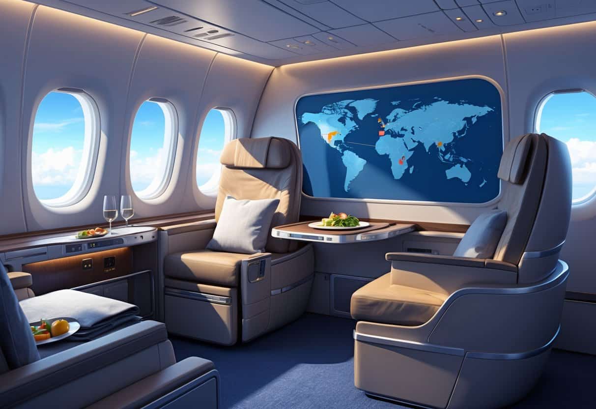 Interior of a business class airplane cabin with comfortable seats and large windows showing a flight path from Florida to Europe.