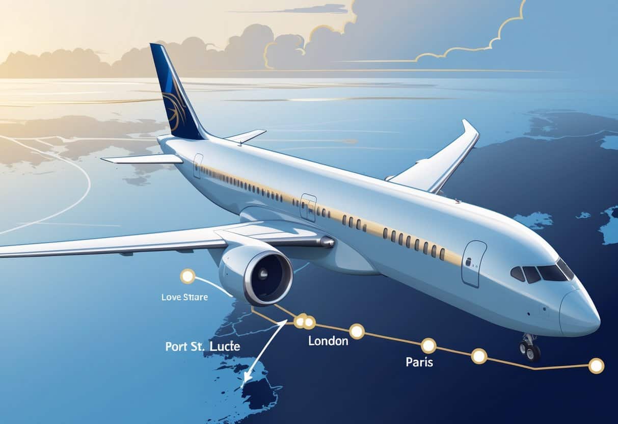 An airplane flying over a map showing a flight route from Port St. Lucie, Florida, to several cities in Europe.