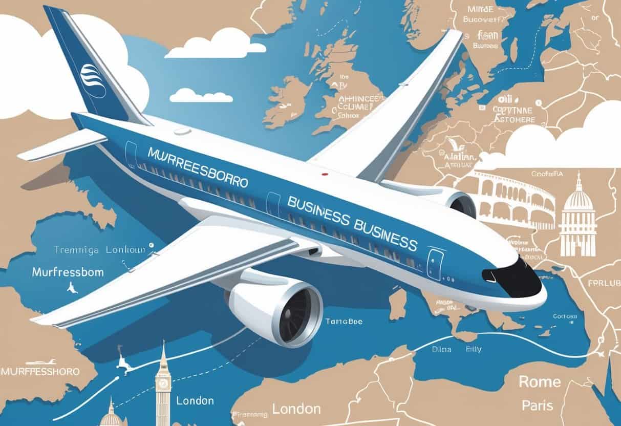 An airplane flying over a map from Murfreesboro, Tennessee to Europe with visible European landmarks in the background.