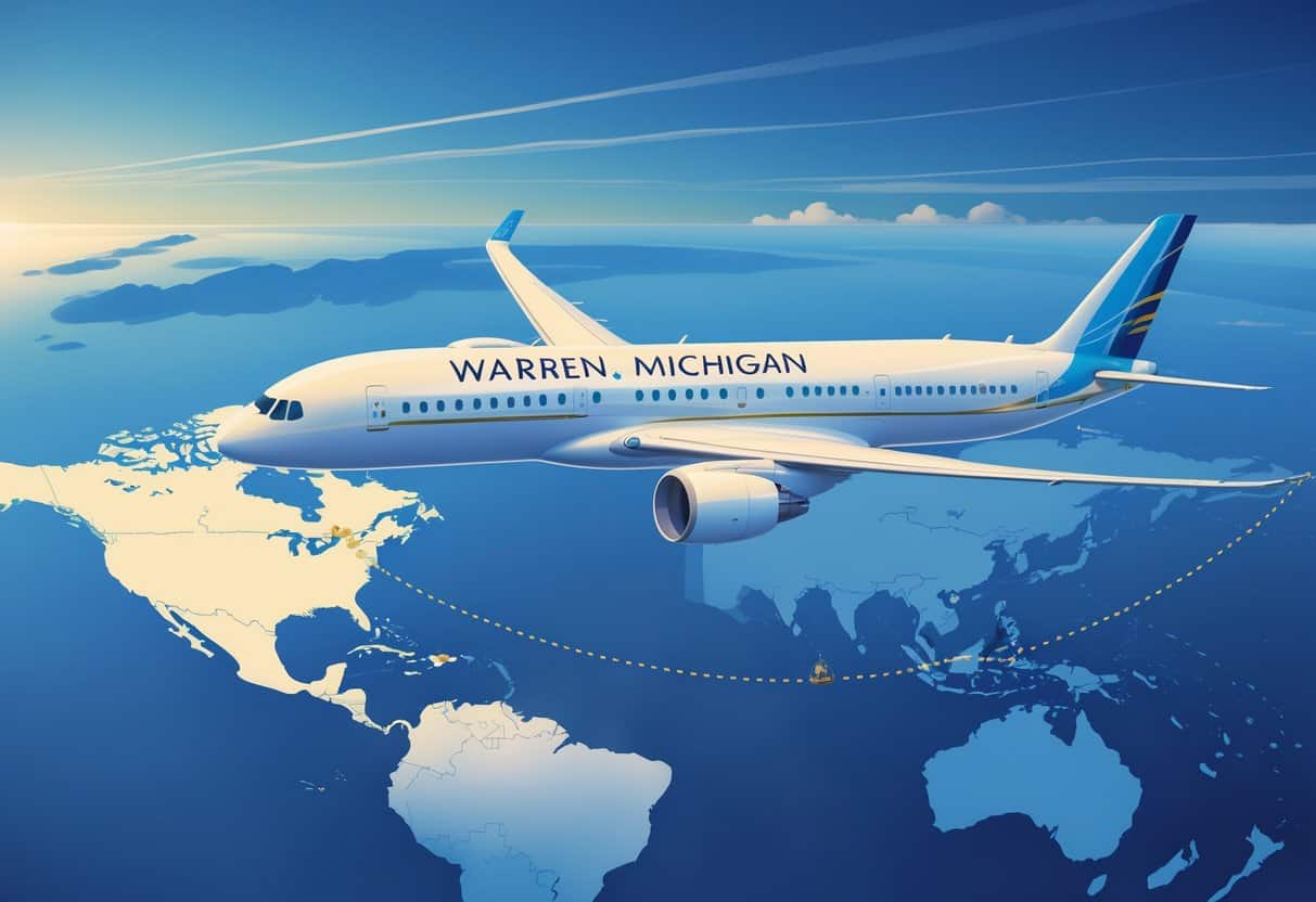 An airplane flying above a map showing a flight path from Warren, Michigan to Europe with European landmarks visible in the distance.