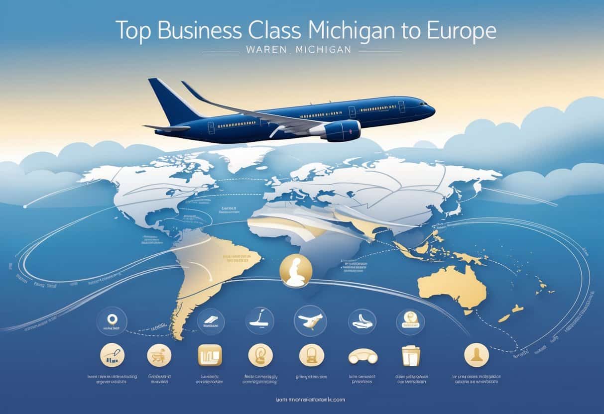 An airplane flying over a map showing a route from Warren, Michigan to major cities in Europe with icons representing business class amenities.