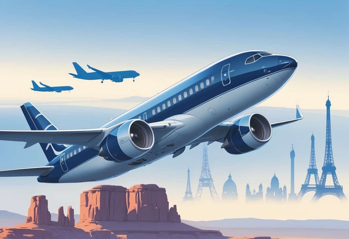 An airplane flying over red rock formations with faint outlines of famous European landmarks on the horizon.