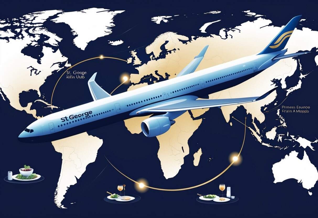 An airplane flying over a map showing a route from St. George, Utah to Europe with icons of business class amenities like plush seats, meals, and a laptop around the map.