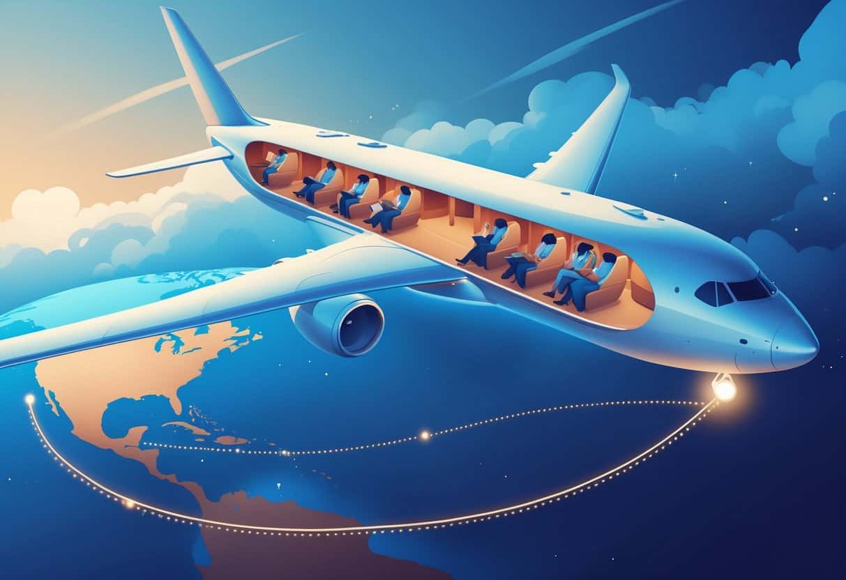 An airplane flying from Tampa, Florida toward Europe with a map showing the flight path and European landmarks in the distance.